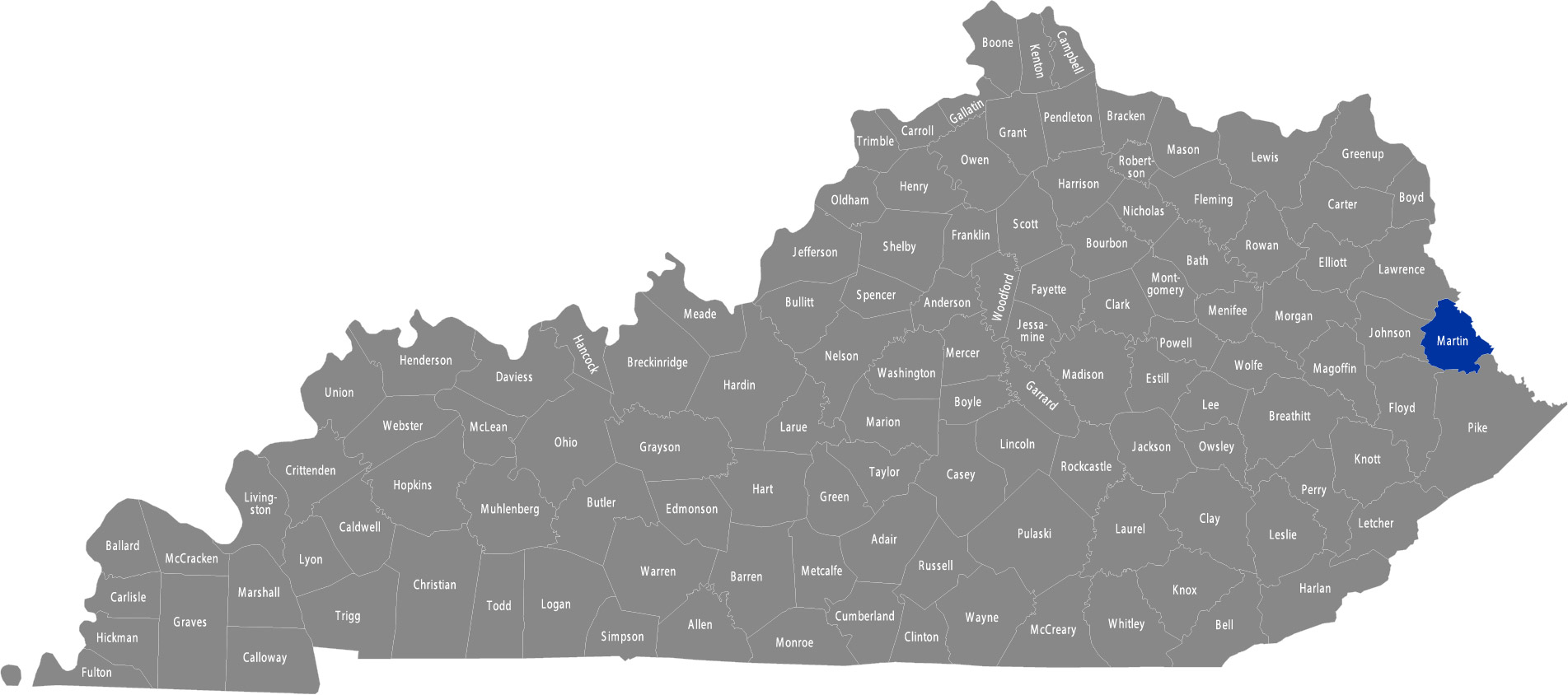 State of Kentucky map with Martin County highlighted 